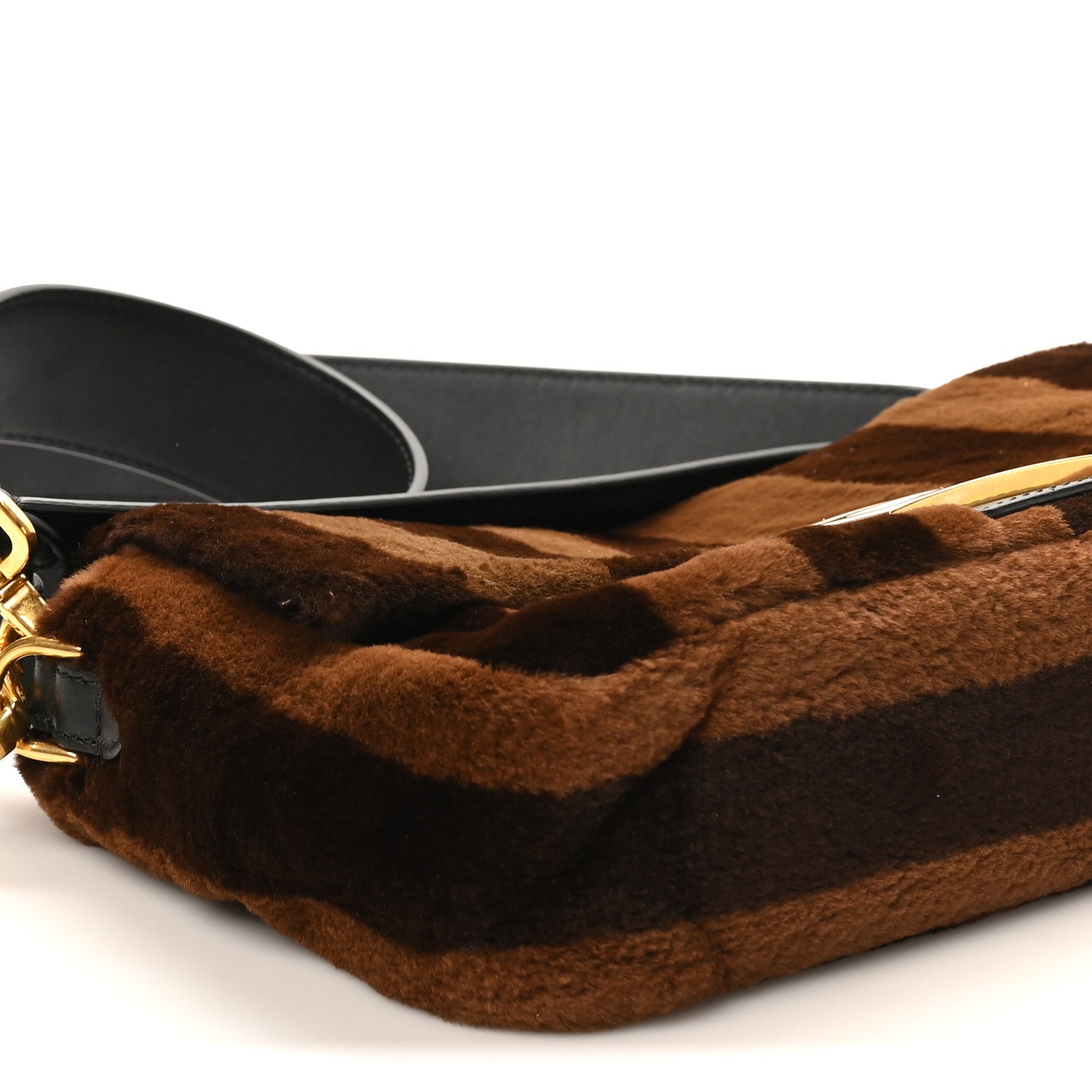 Fendi Shearling Vitello Vernice Mou Pequin Striped Baguette Tobacco Black 9 of 10