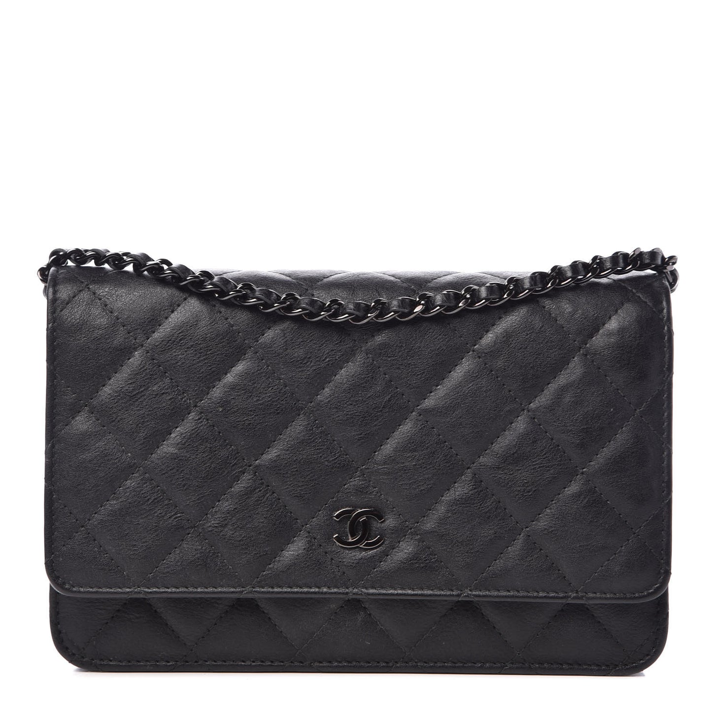 Crumpled Calfskin Quilted Wallet On Chain WOC So Black