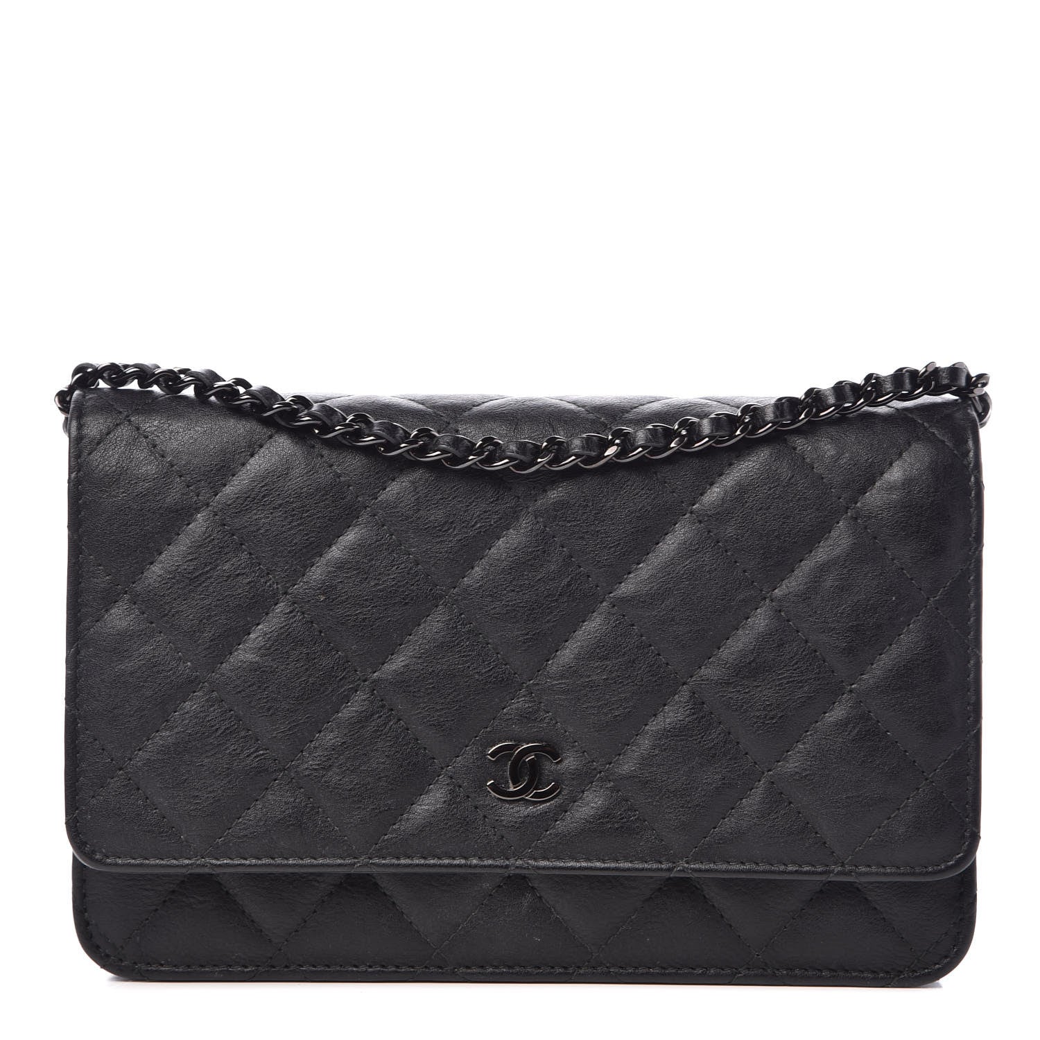 Chanel Crumpled Calfskin Quilted Wallet On Chain WOC So Black 1 of 11