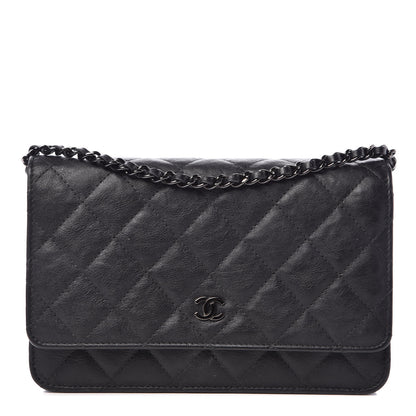 Chanel Crumpled Calfskin Quilted Wallet On Chain WOC So Black 1 of 11