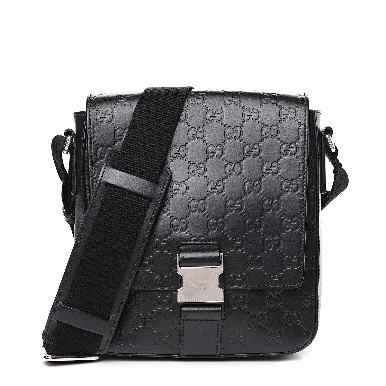 Gucci Guccissima Signature Single Buckle Flap Messenger Bag Black 1 of 14
