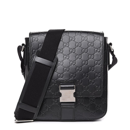 Gucci Guccissima Signature Single Buckle Flap Messenger Bag Black 1 of 14