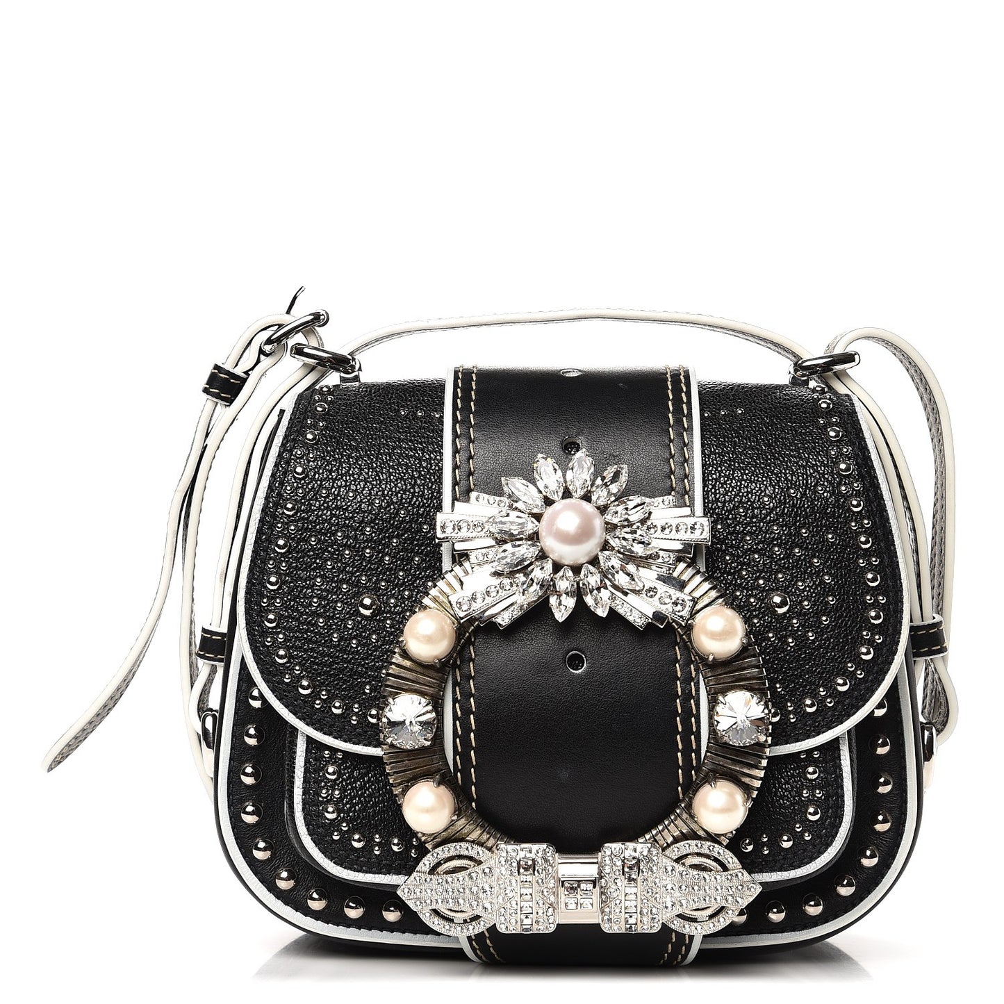 Goatskin Madras Soft Calf Crystal Embellished Lady Saddle Nero Black