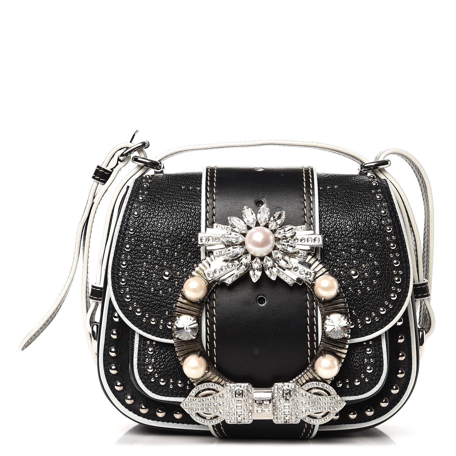 Miu Miu Goatskin Madras Soft Calf Crystal Embellished Lady Saddle Nero Black 1 of 9