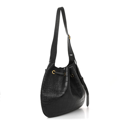 Saint Laurent Calfskin Crocodile Embossed Paris VII Large Flat Hobo Fondente 4 of 11