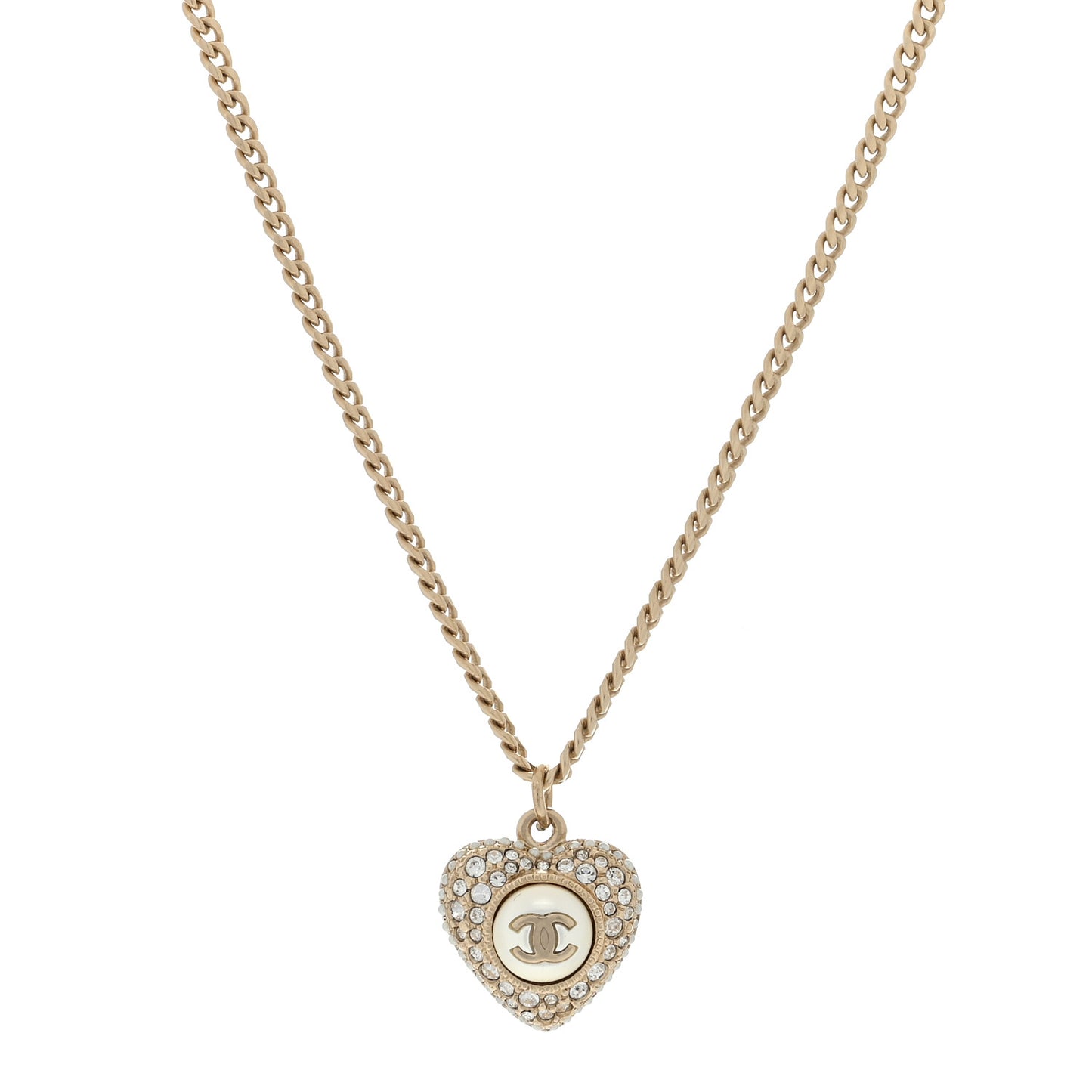 Crystal Pearl CC Heart Necklace Gold