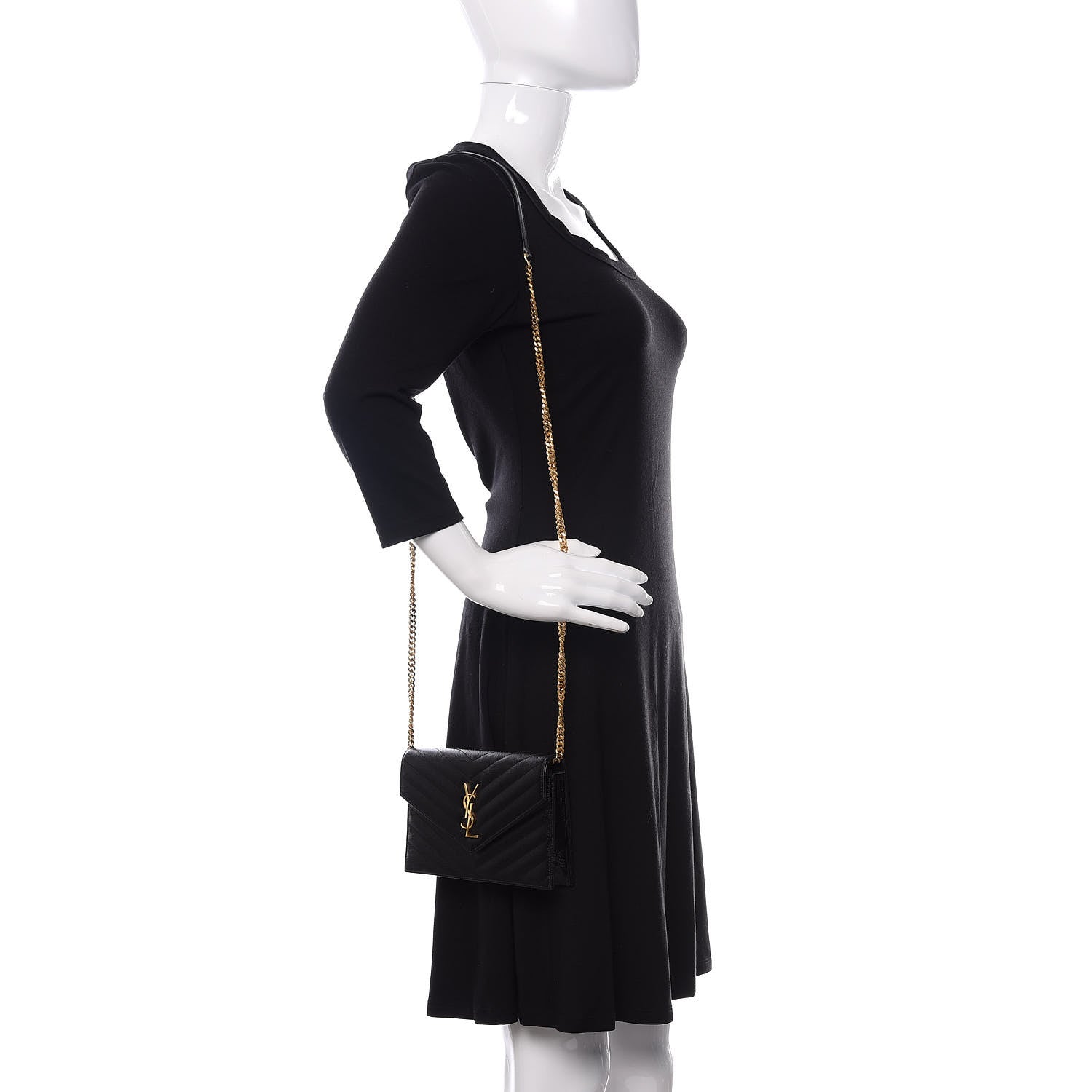 Saint Laurent Grain De Poudre Matelasse Chevron Monogram Envelope Chain Wallet Black 2 of 12