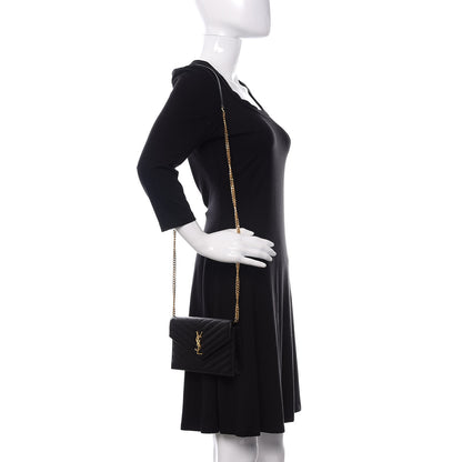Saint Laurent Grain De Poudre Matelasse Chevron Monogram Envelope Chain Wallet Black 2 of 12