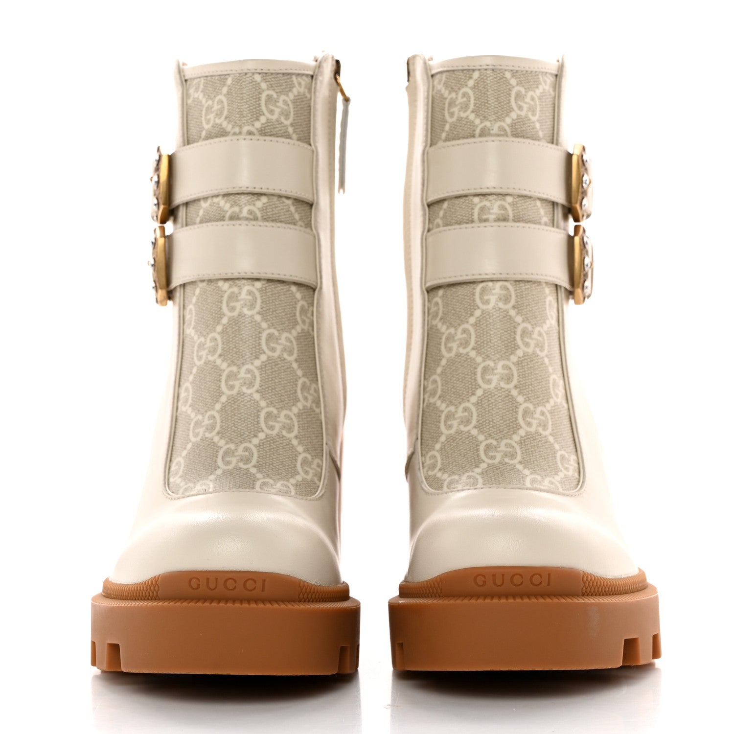 Gucci Kensington Calfskin Nappa GG Supreme Monogram Womens Double Buckle Ankle Boots 36.5 Mystic White Beige 2 of 11