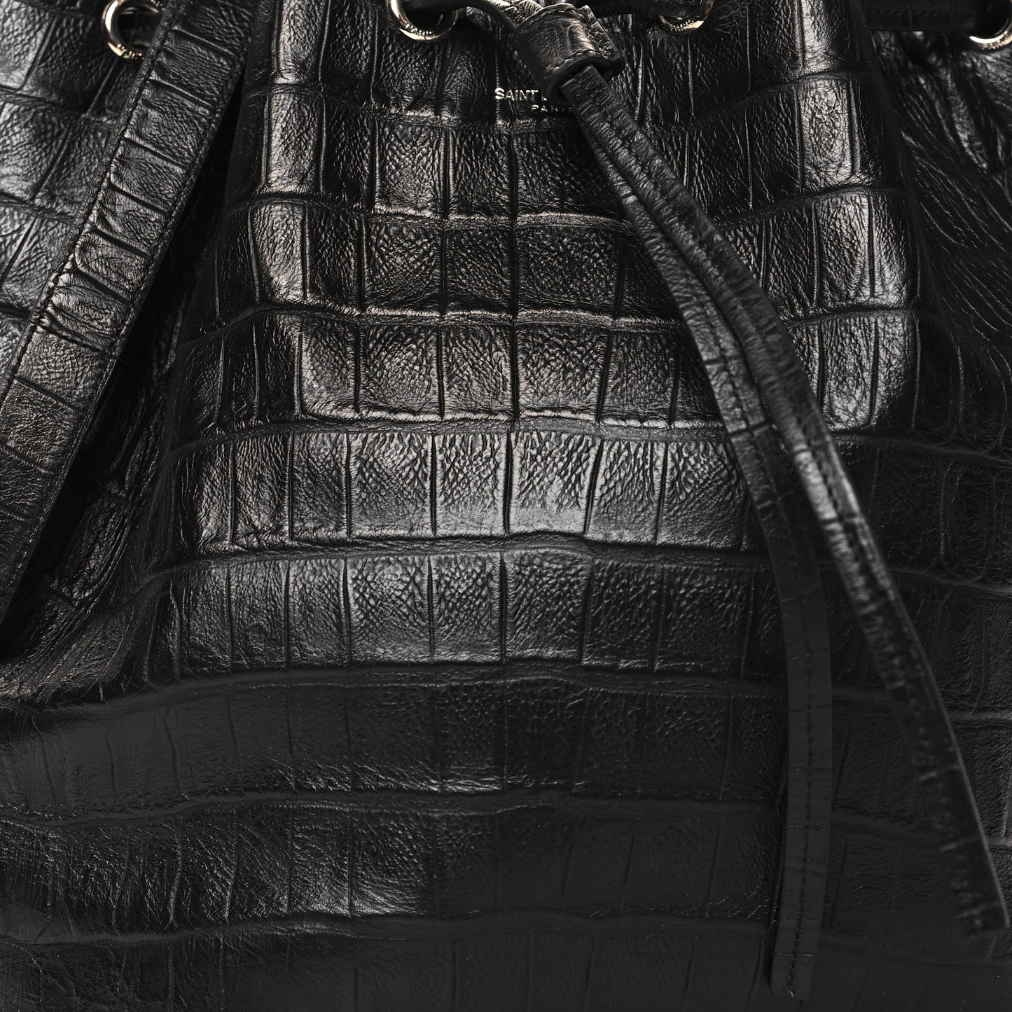 Calfskin Crocodile Embossed Large Emmanuelle Bucket Bag Black