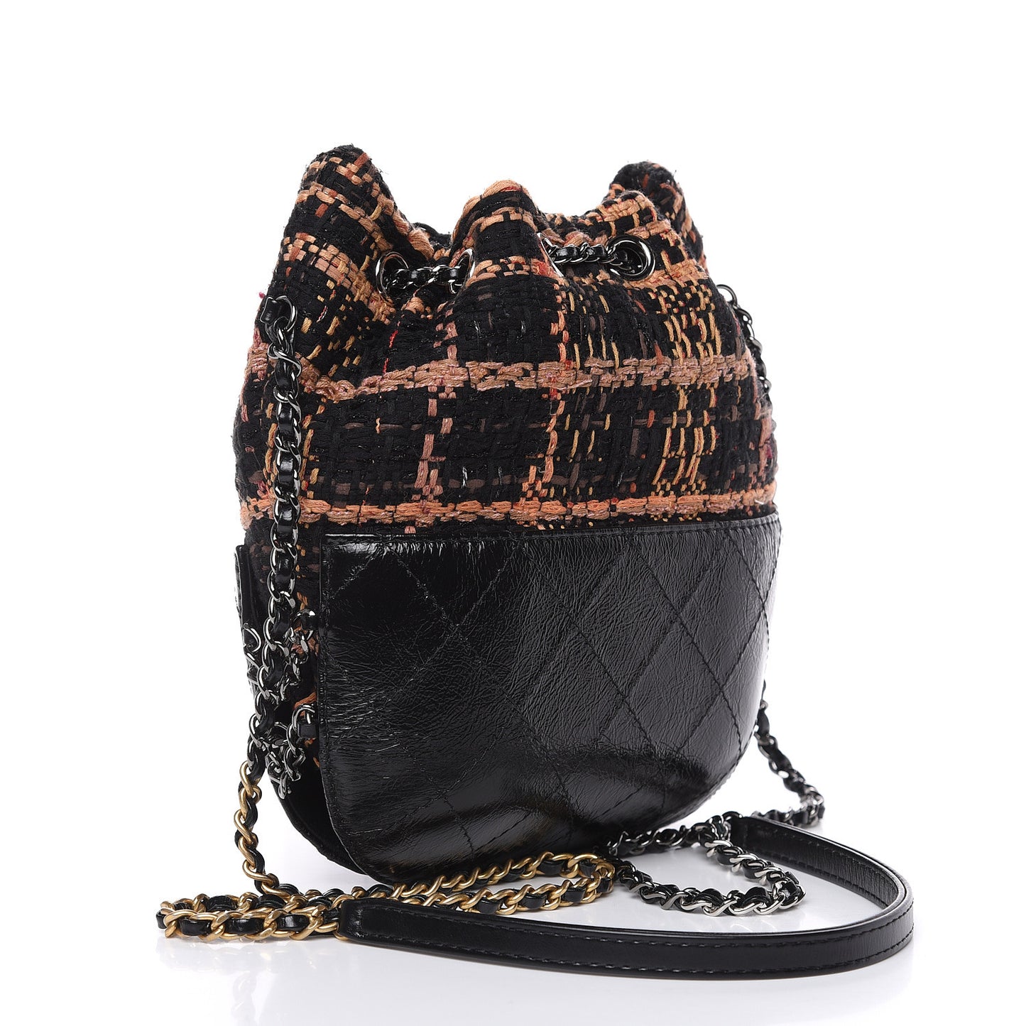 Tweed Calfskin Quilted Small Gabrielle Bucket Black Brown Orange