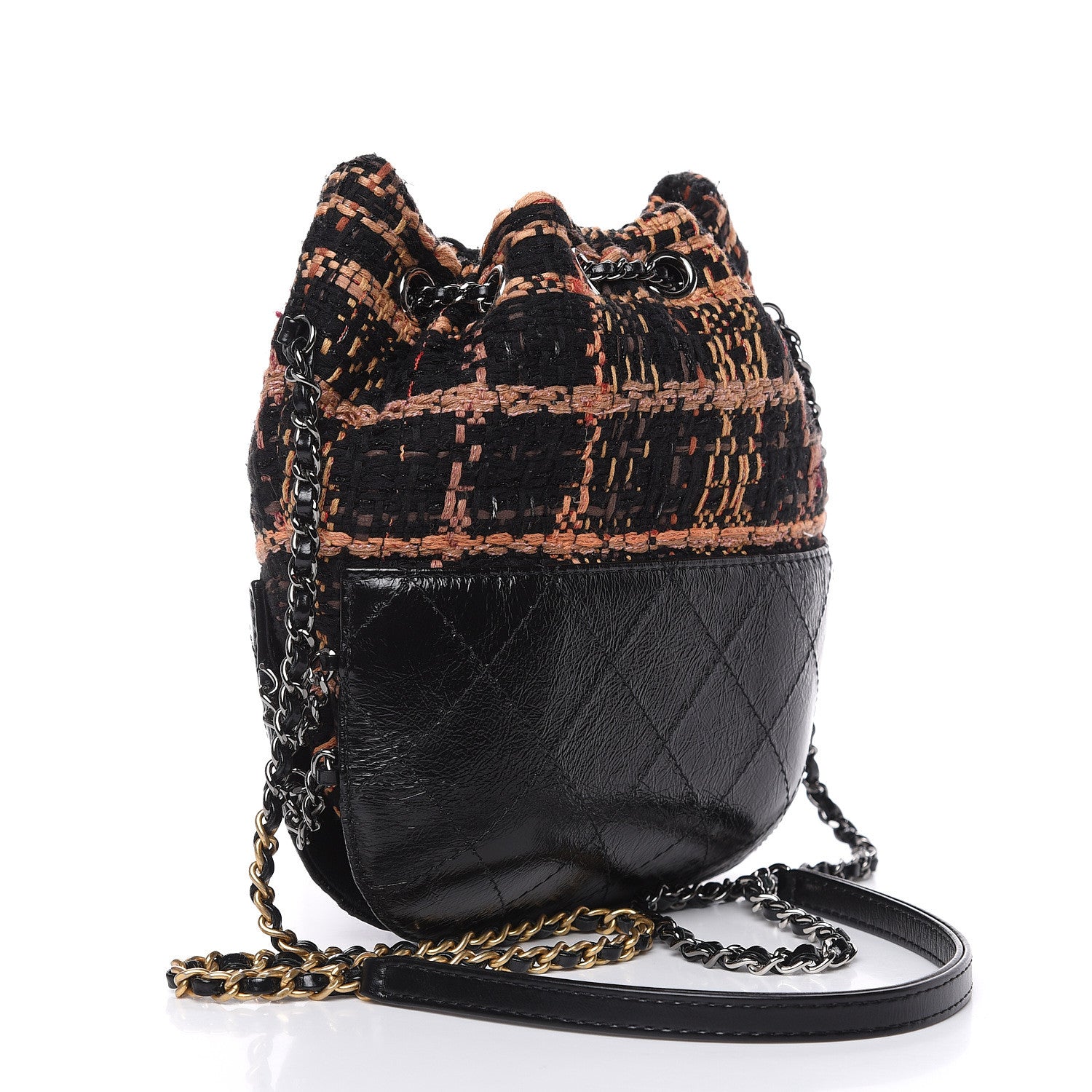Chanel Tweed Calfskin Quilted Small Gabrielle Bucket Black Brown Orange 3 of 9