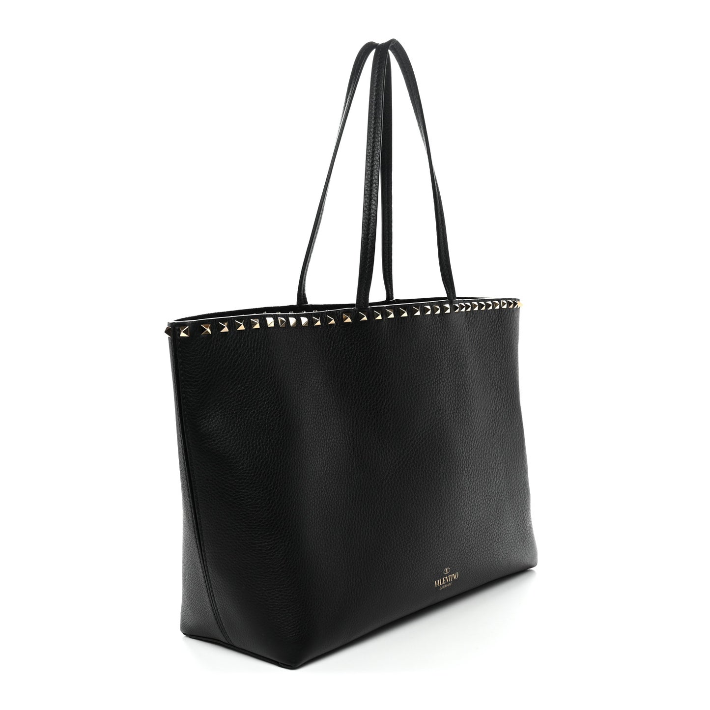 Grained Calfskin Rockstud Shoulder Tote Black