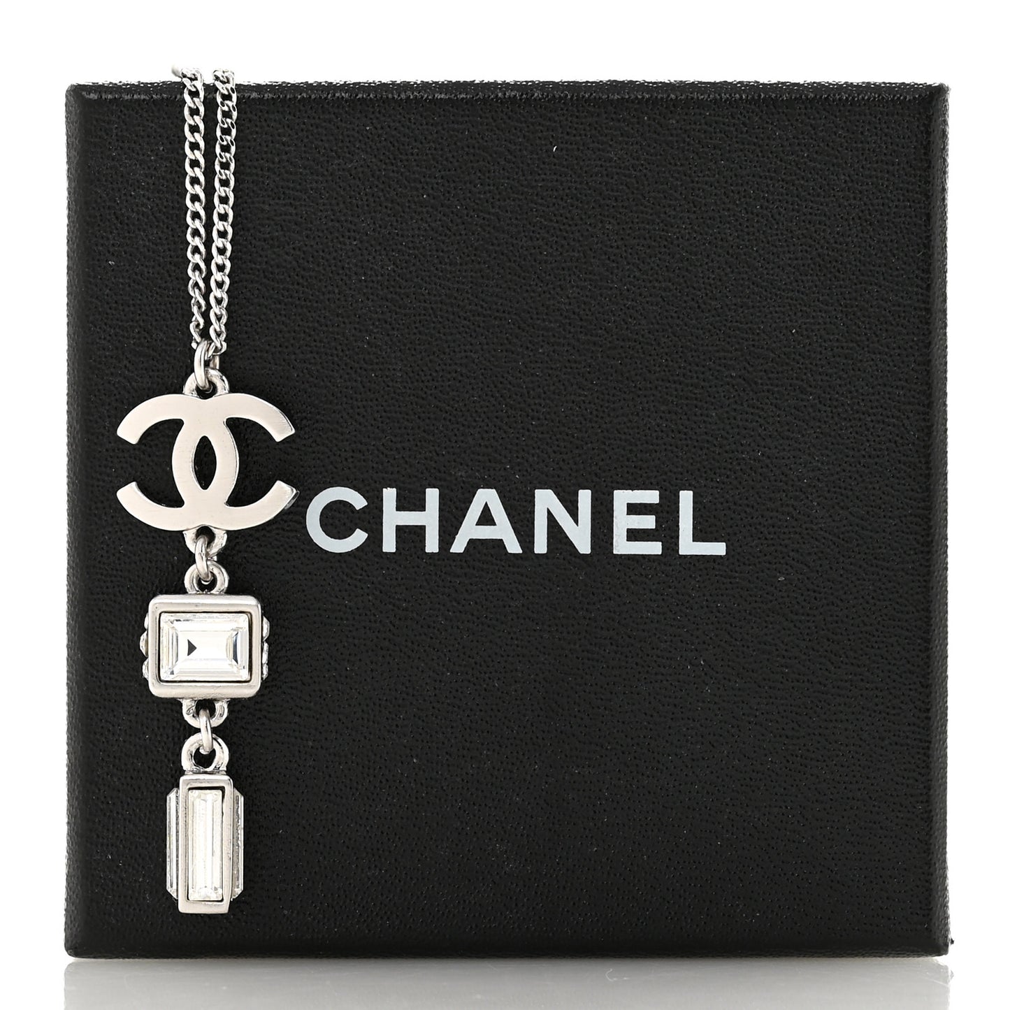 Crystal Baguette CC Drop Pendant Necklace Silver