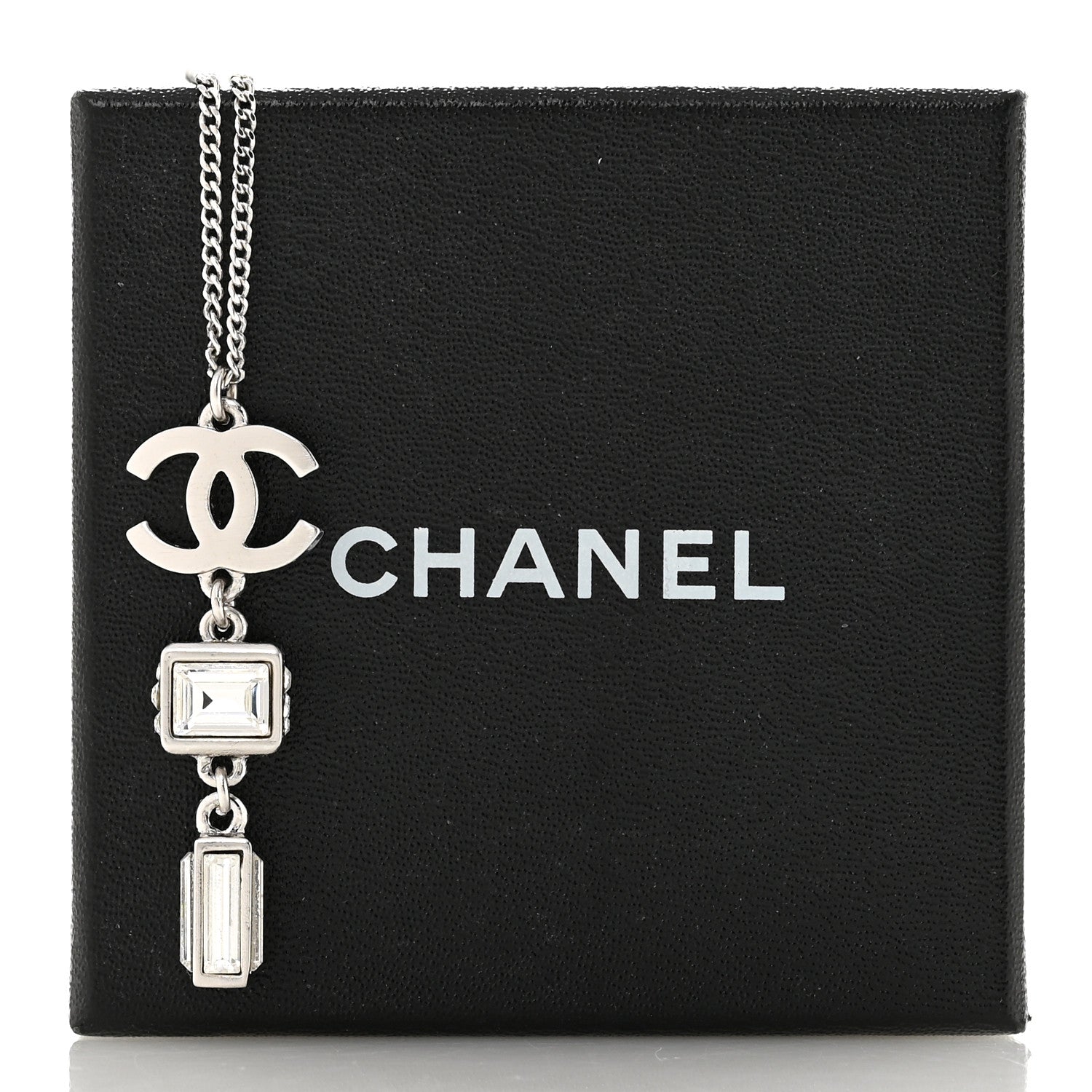 Chanel Crystal Baguette CC Drop Pendant Necklace Silver 7 of 7