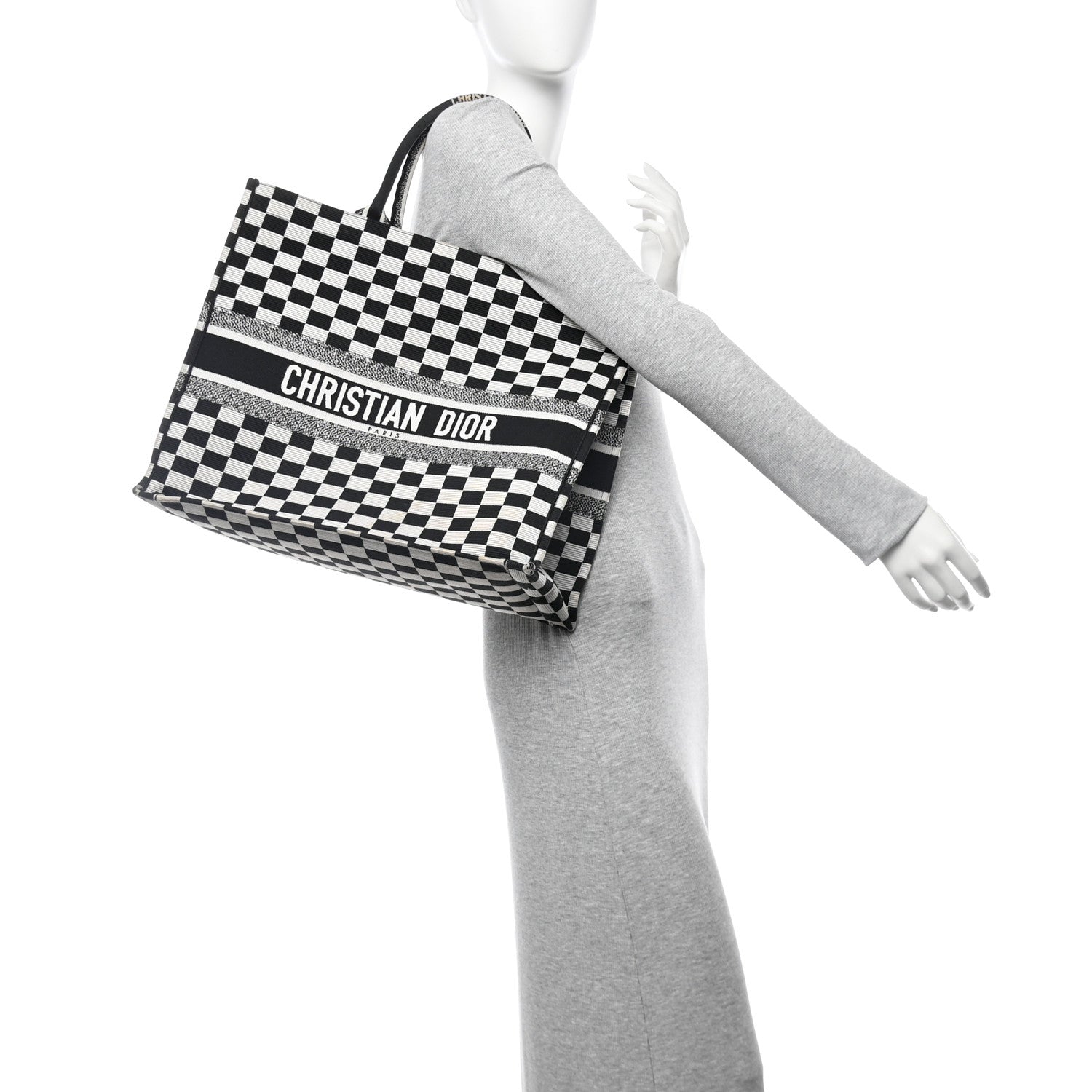 Christian Dior Canvas Embroidered Checkered Book Tote Black White 2 of 12