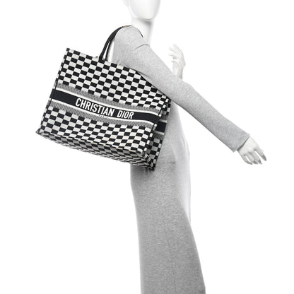 Christian Dior Canvas Embroidered Checkered Book Tote Black White 2 of 12