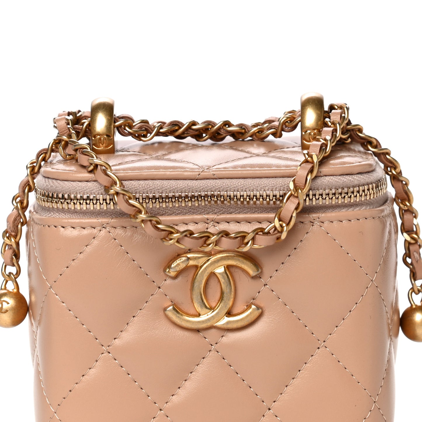 Calfskin Quilted Mini Perfect Fit Vanity Case With Chain Beige