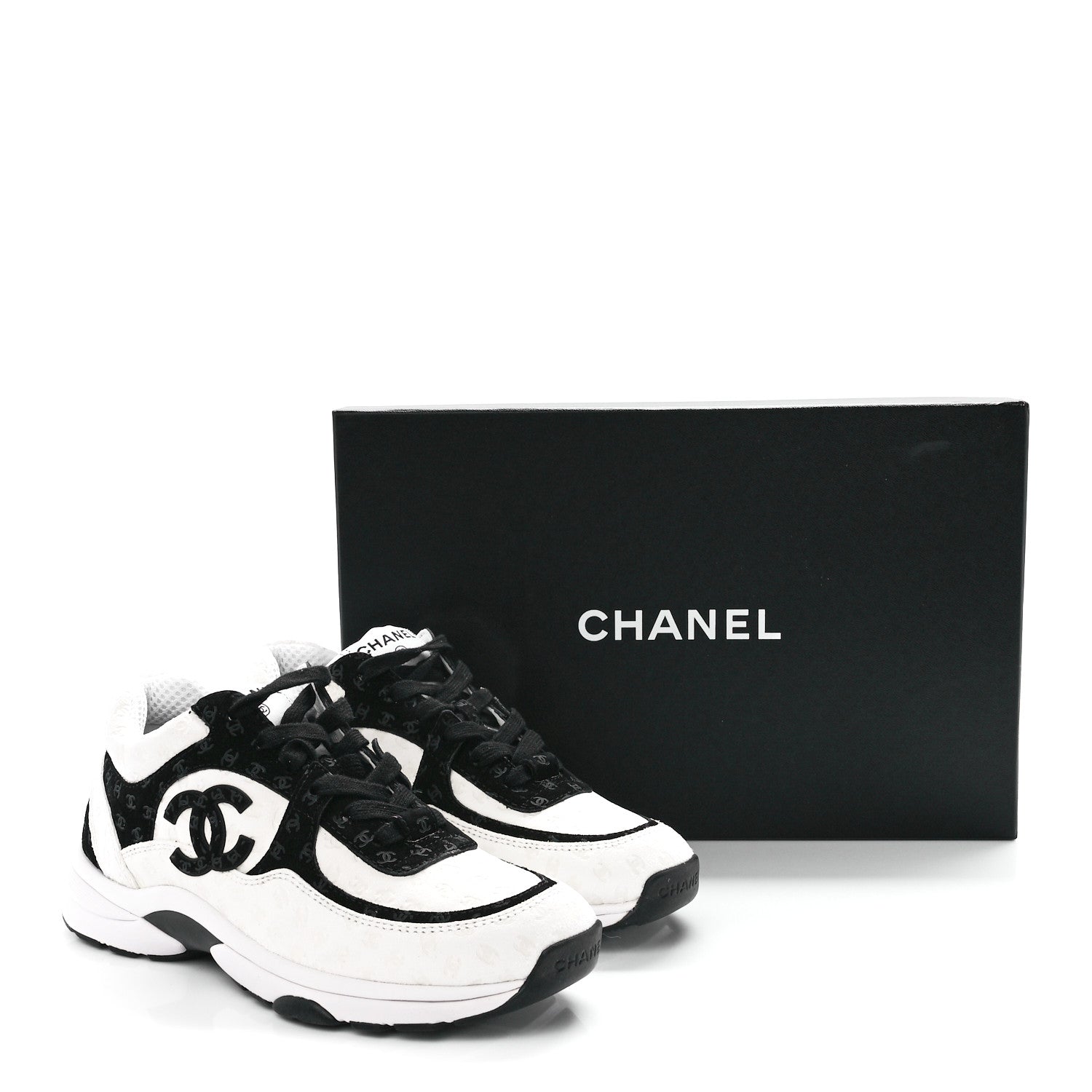 Chanel Nylon Suede Calfskin Printed CC Sneakers 37 Black White 9 of 9