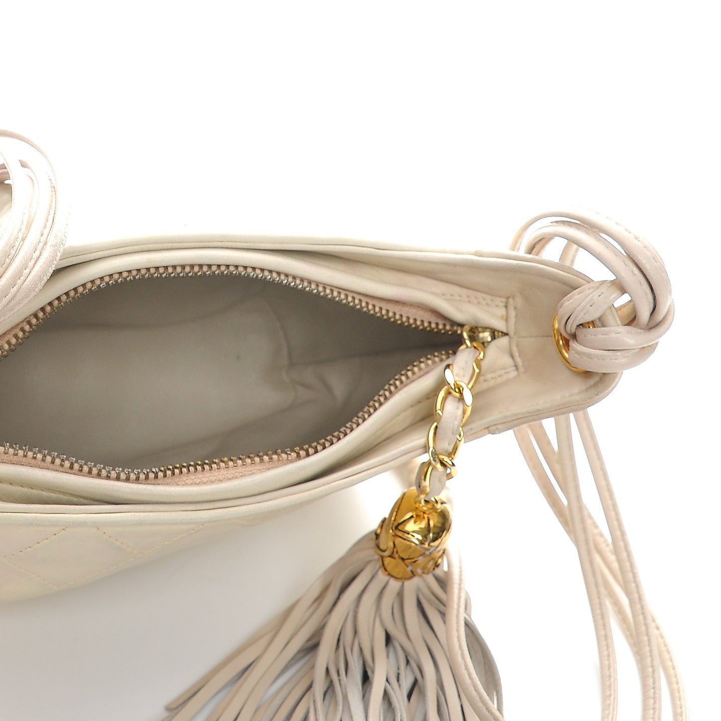 Lambskin Quilted Tassel Bag Beige Clair