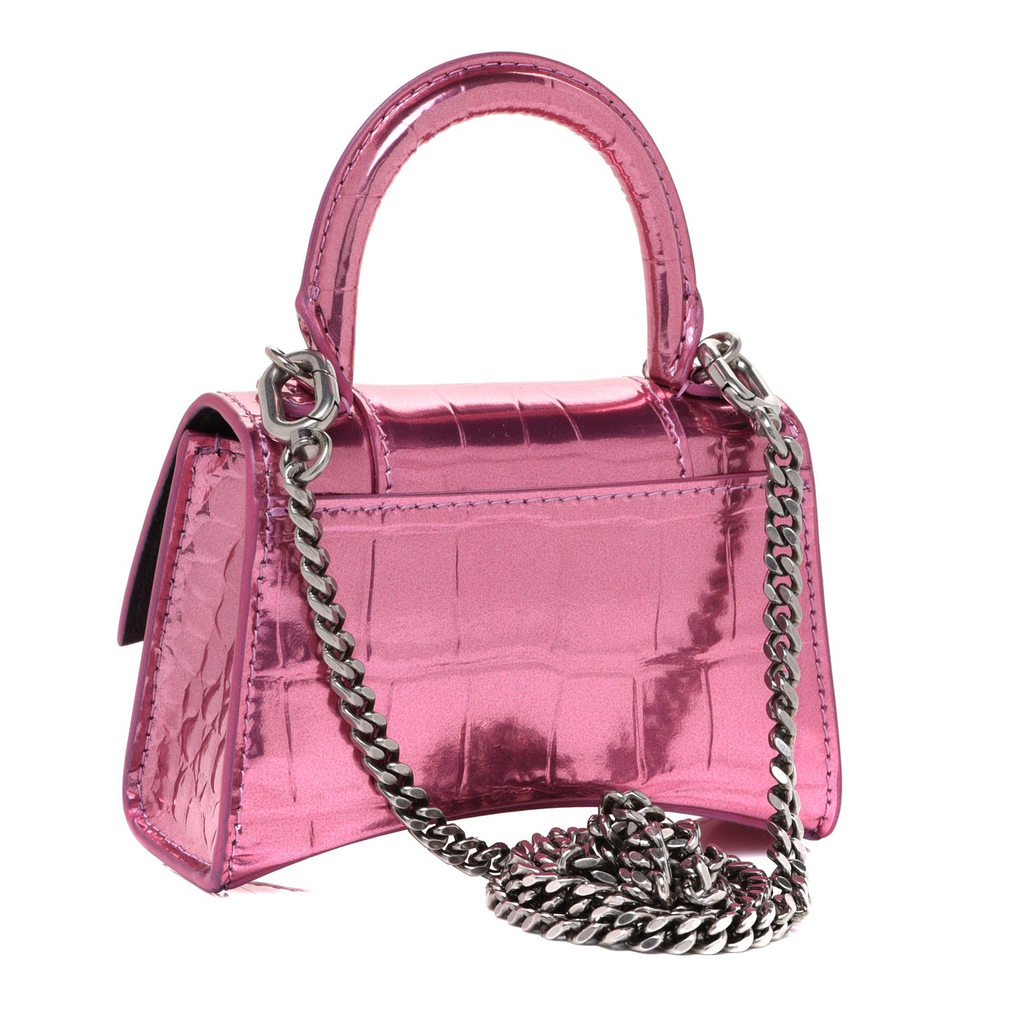 Metallic Calfskin Crocodile Embossed Hourglass Top Handle Bag Mini with Chain Pink