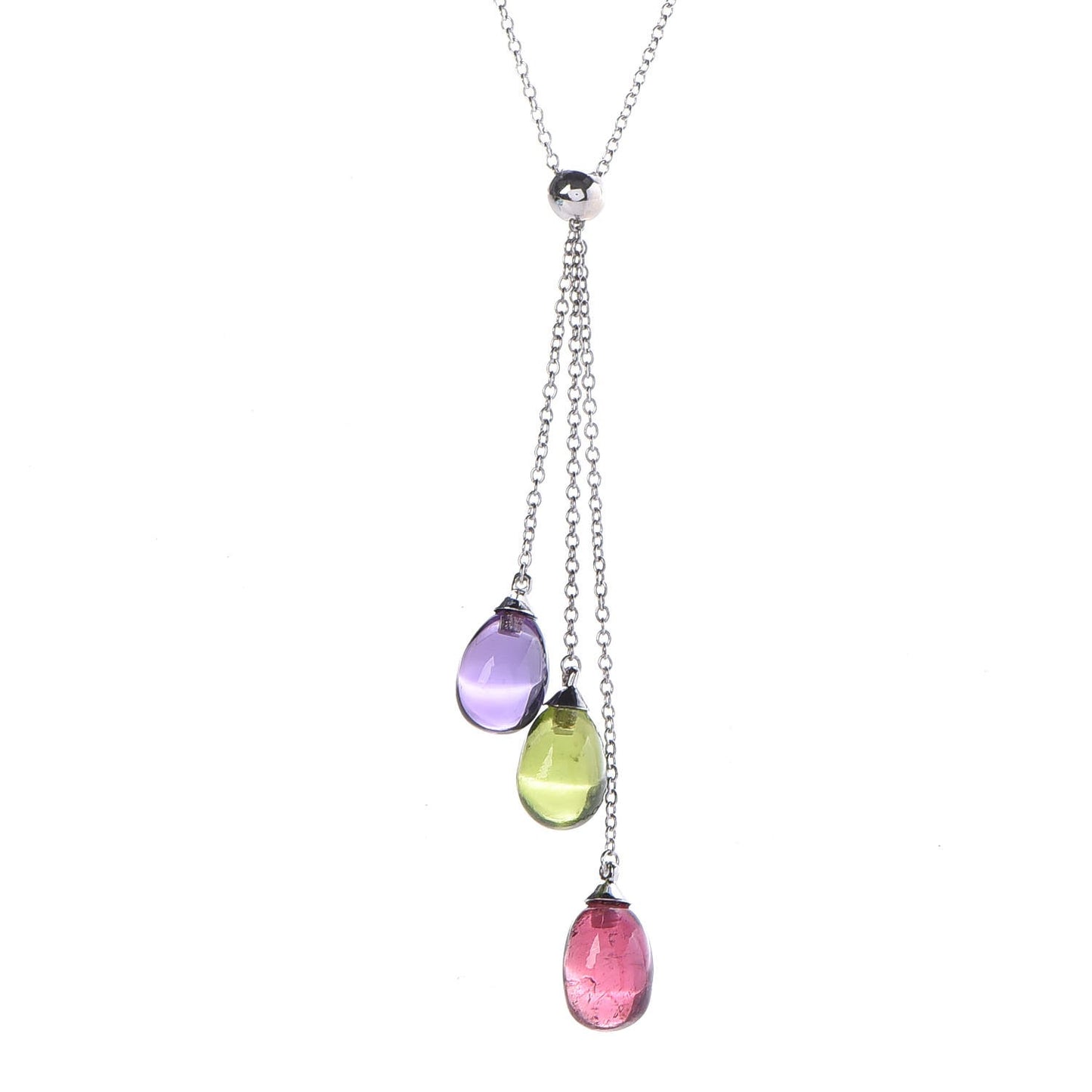 18K White Gold Amethyst Peridot Pink Tourmaline Rainbow Drops Three Stone Necklace