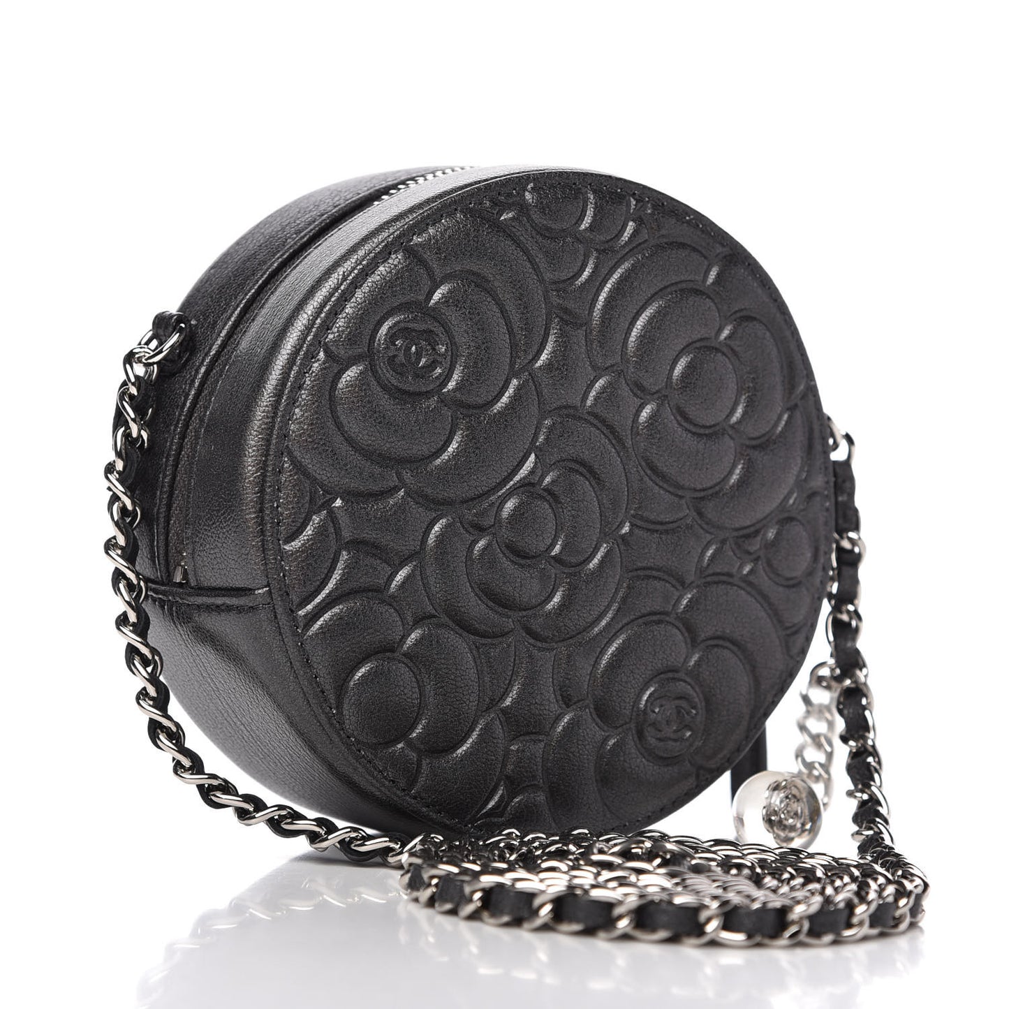 Goatskin Camellia Quilted Round Clutch With Chain Grey