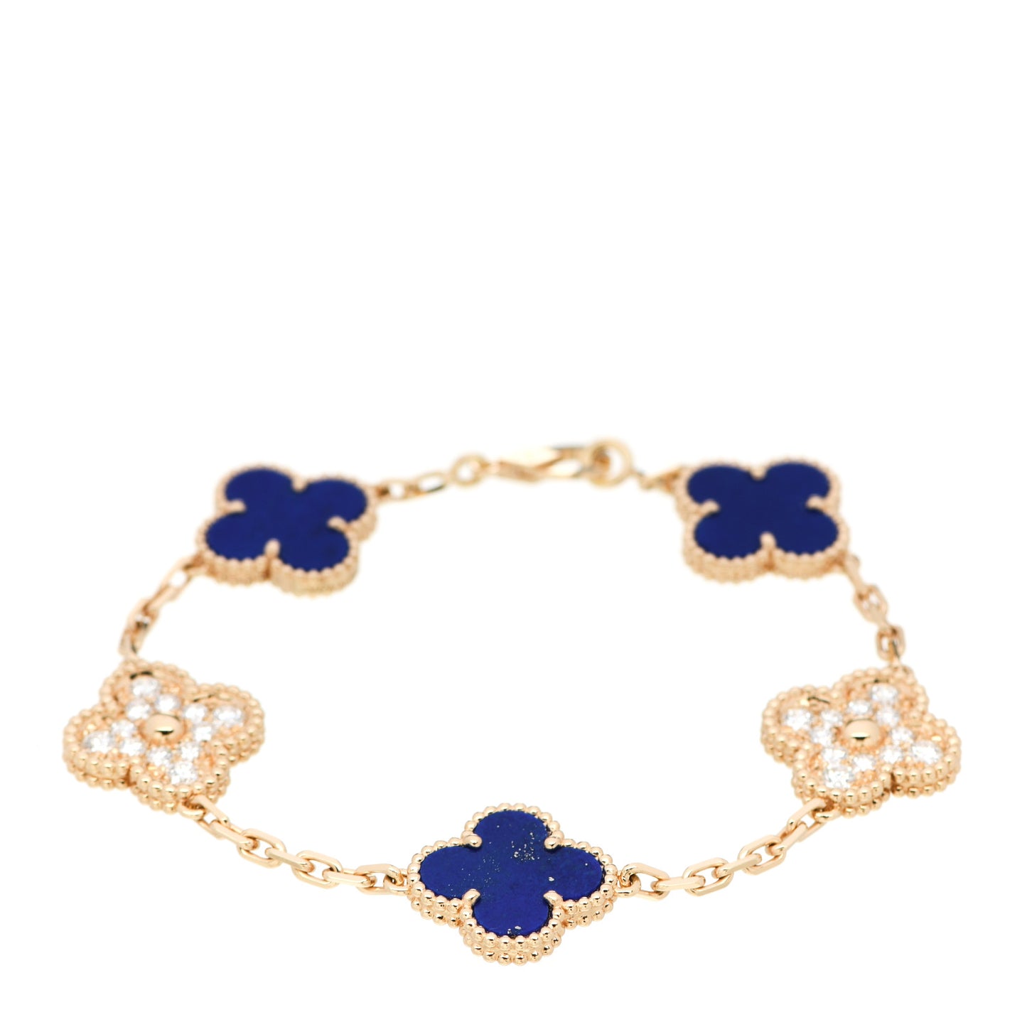 18K Yellow Gold Diamond Lapis Lazuli 5 Motifs Vintage Alhambra Bracelet