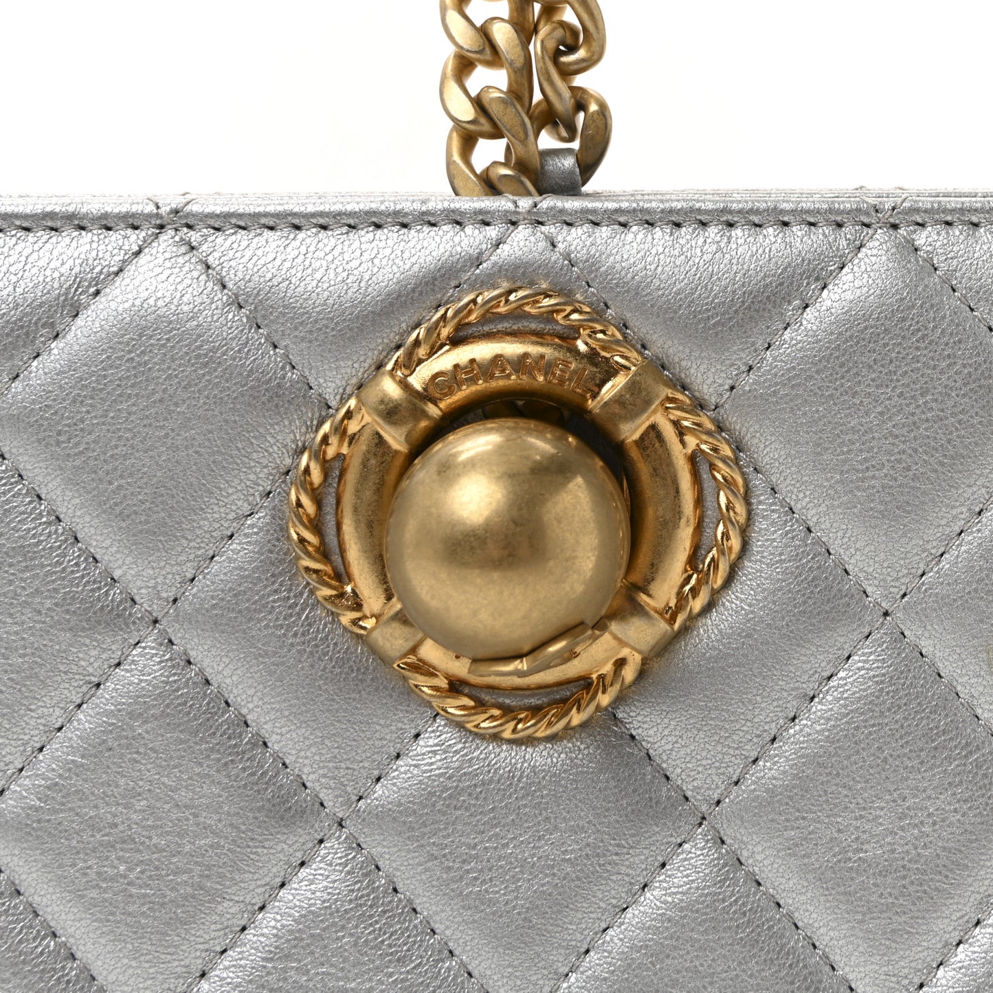 Metallic Lambskin Quilted Evening By The Sea Clutch Silver