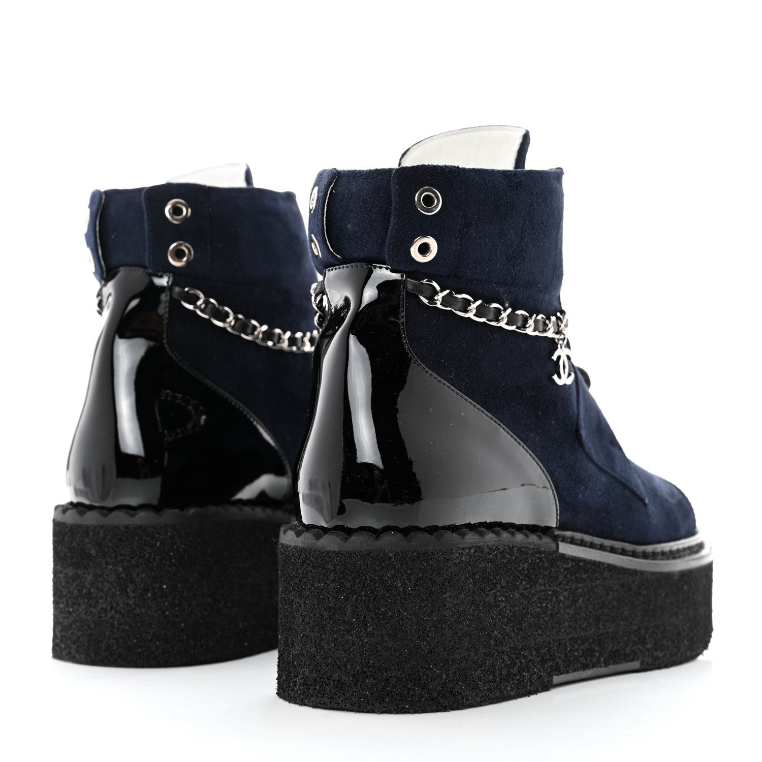 Chanel Suede Kidskin Patent Calfskin Chain Lace Up Boots 37 Dark Navy Blue Black 4 of 9