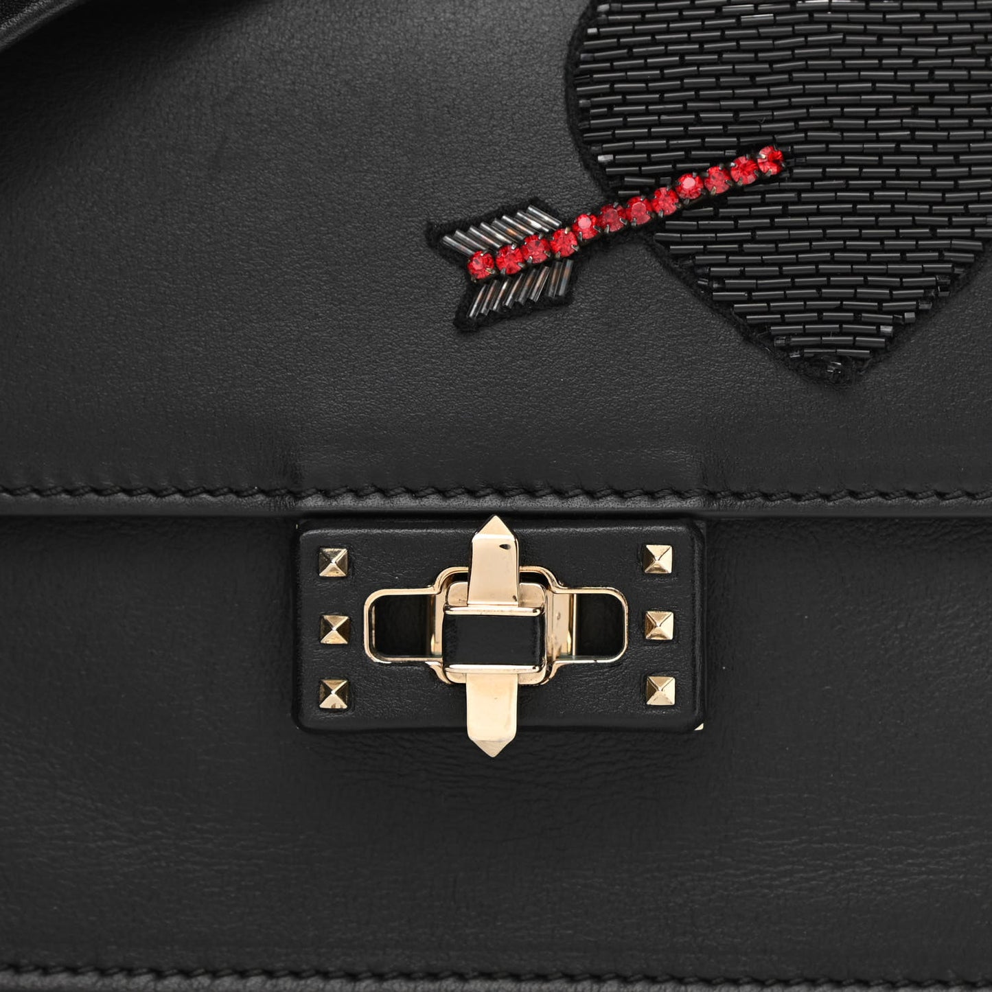 Calfskin Crystal Bead Embellished Mini Rockstud Love Story Ruffle Strap Bag Black