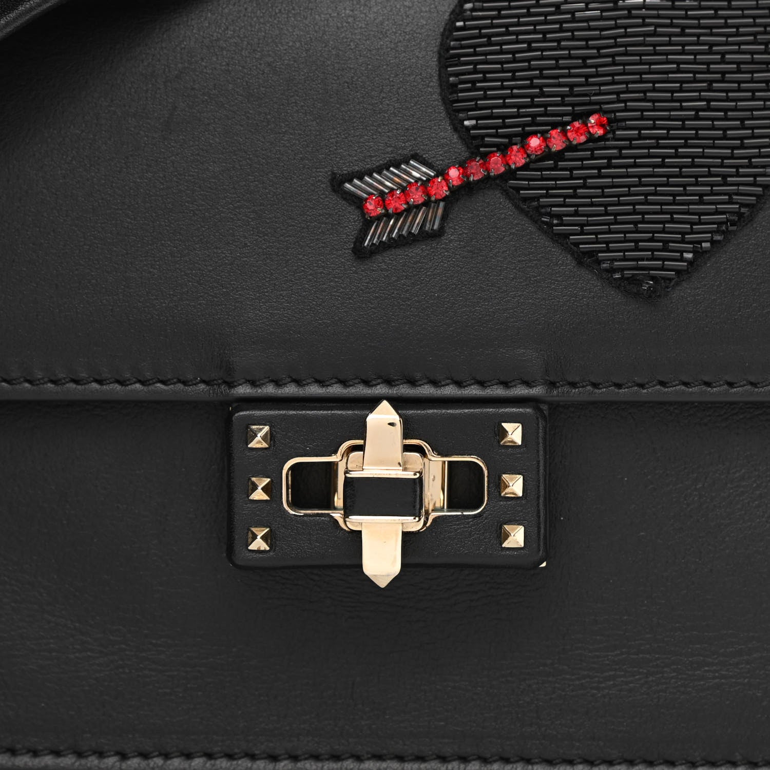 Valentino Garavani Calfskin Crystal Bead Embellished Mini Rockstud Love Story Ruffle Strap Bag Black 9 of 11
