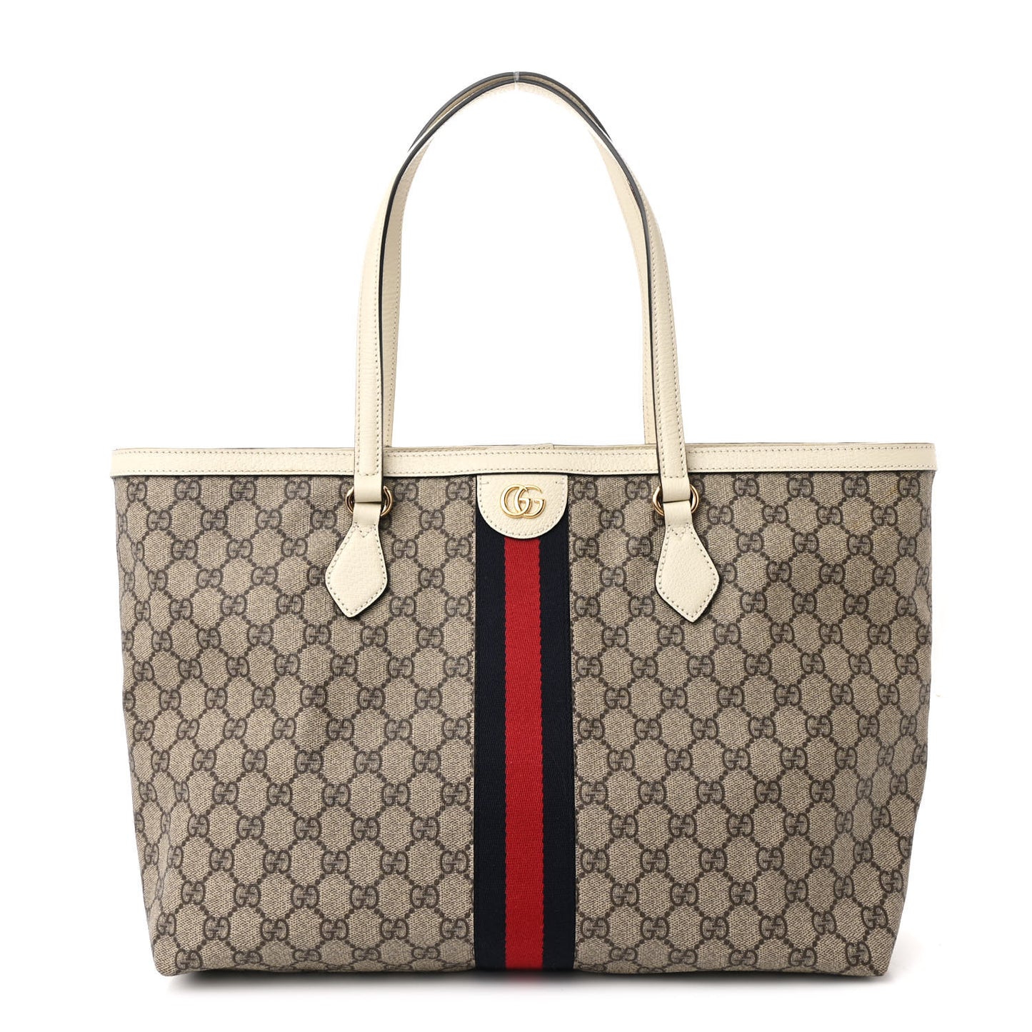 GG Supreme Monogram Textured Dollar Calfskin Web Medium Ophidia Shopping Tote Beige Ebony Mystic White