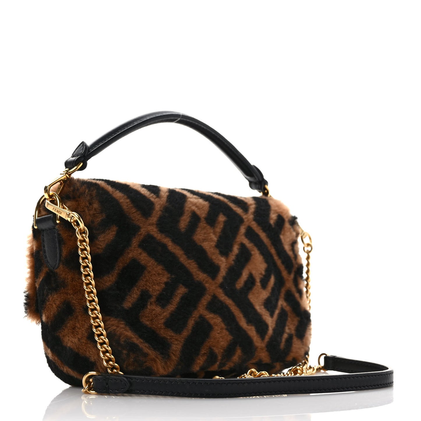 Shearling Vitello Dolce Macro FF 1974 Mini Baguette Tobacco Black