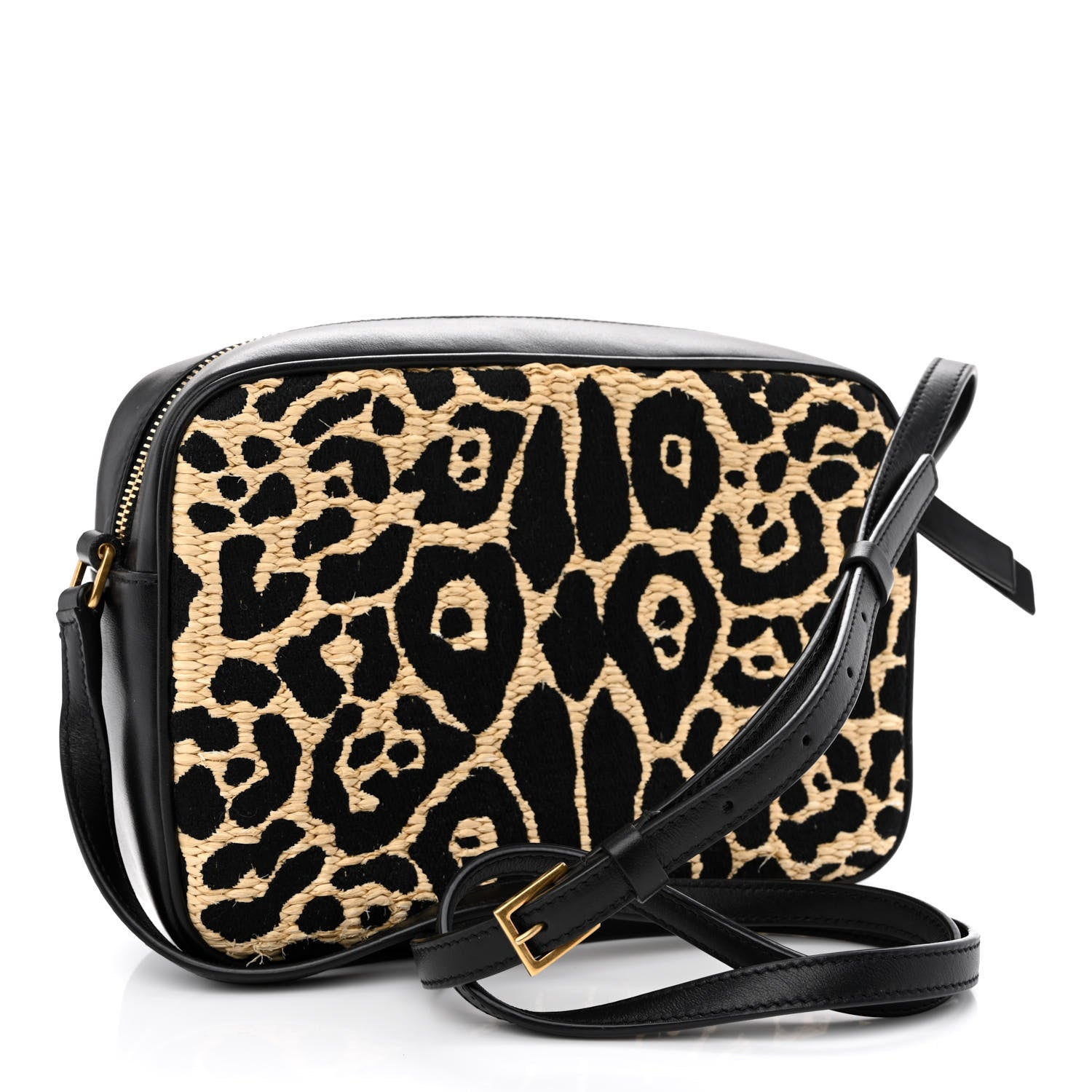Saint Laurent Raffia Calfskin Leopard Print Monogram Lou Camera Bag Natural Beige Black 3 of 11