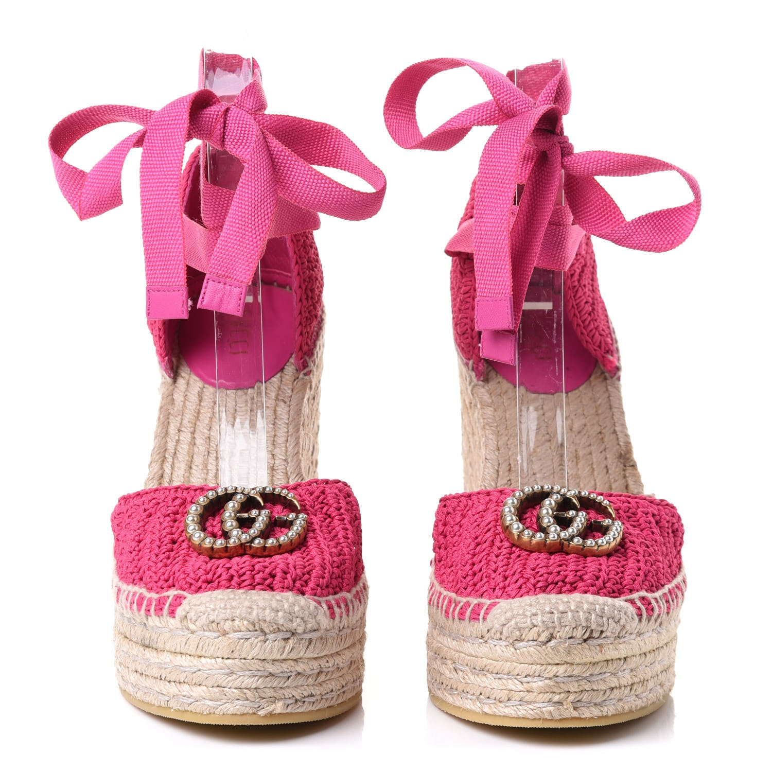 Gucci Cotton Crochet Pearly GG Ankle Wrap Platform Espadrille Wedges 36 Cyclamen Rose 2 of 10