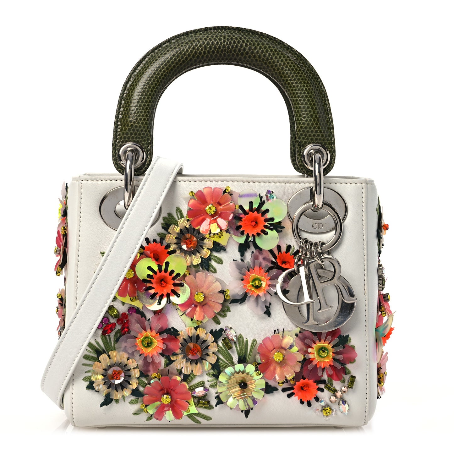 Lizard Satin Beaded Floral Embroidered Mini Lady Dior White Green Multicolor