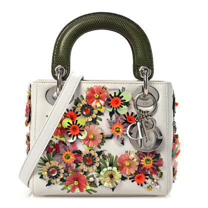 Christian Dior Lizard Satin Beaded Floral Embroidered Mini Lady Dior White Green Multicolor 1 of 12