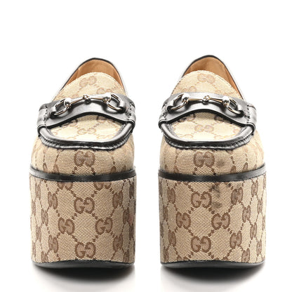Gucci Canvas GG Monogram Horsebit Calfskin Womens Horsebit Platform Loafers 37.5 Beige Ebony 3 of 11