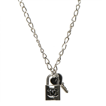 Chanel Enamel CC Padlock Heart Key Necklace Black Silver 1 of 4