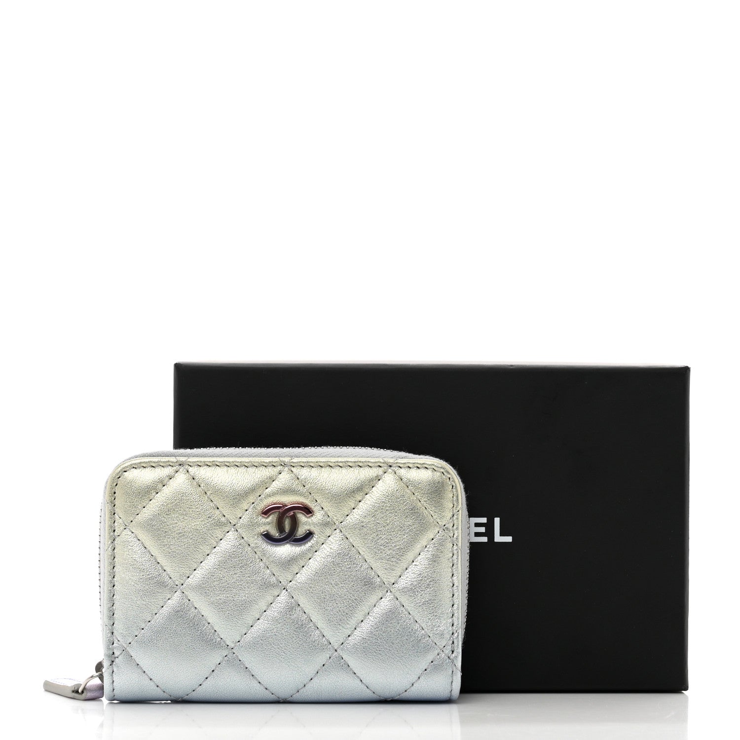 Chanel Gradient Metallic Calfskin Quilted Zip Around Coin Purse Wallet Silver Blue Yellow Purple 9 of 9