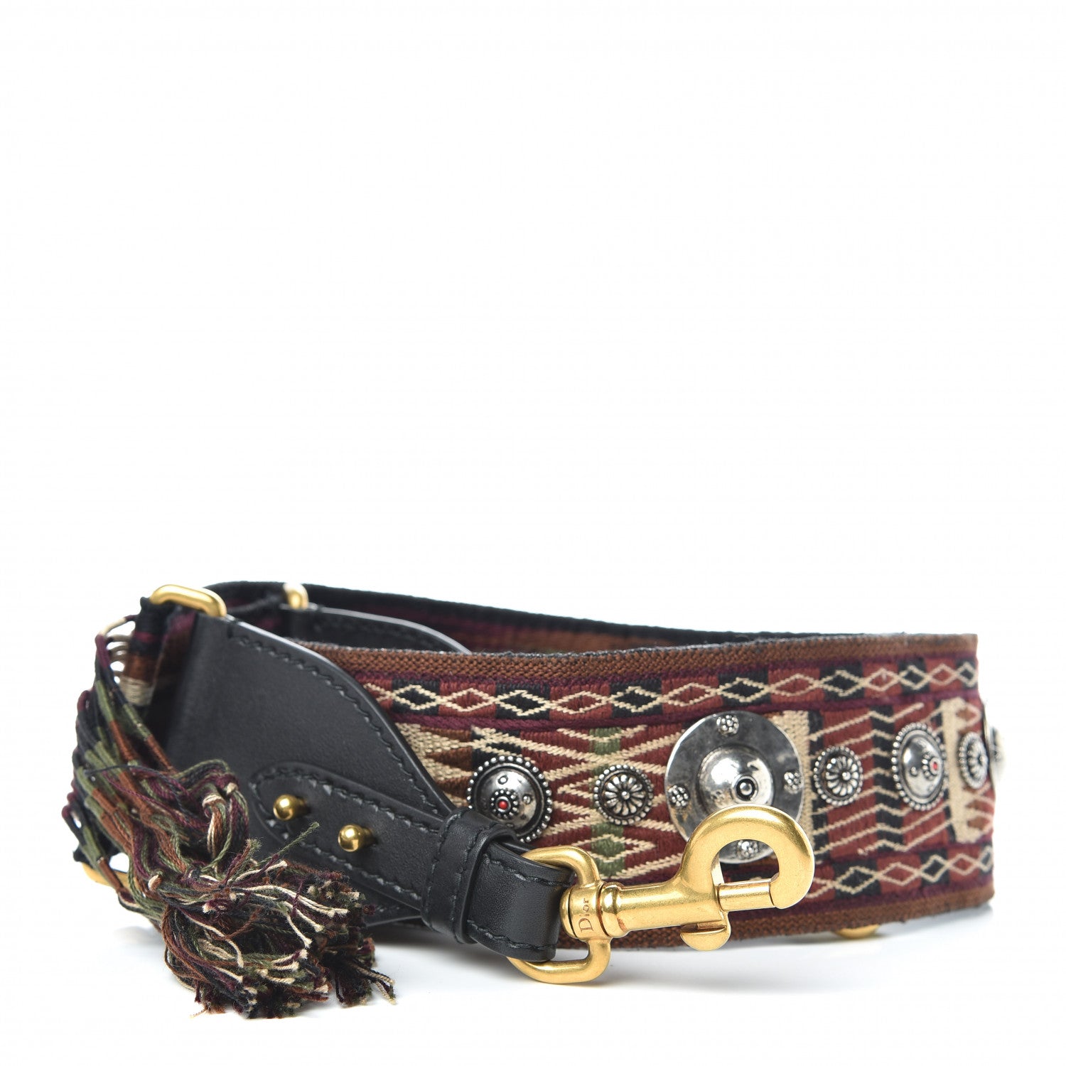 Christian Dior Canvas Embroidered Studded Bohemian Fringe Shoulder Strap Black Multicolor 1 of 4