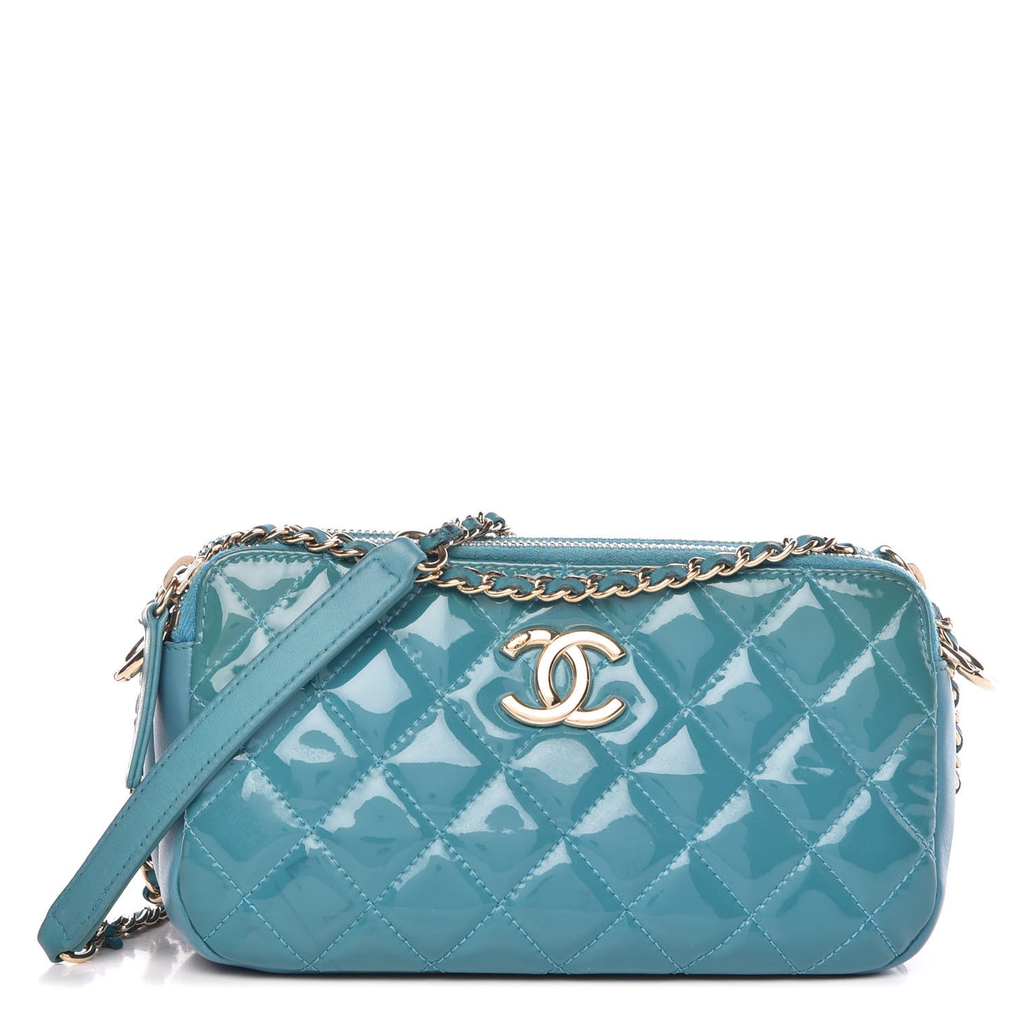 Patent Quilted Crown CC Double Zip Bag Turquoise