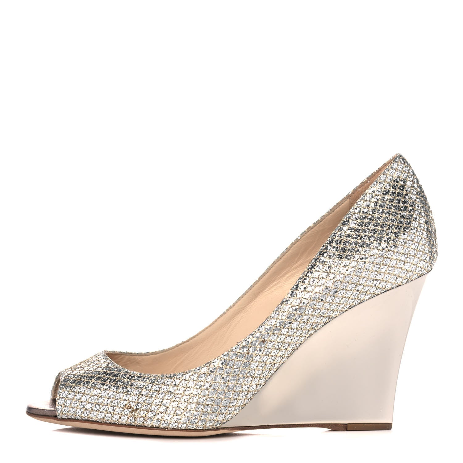 Jimmy Choo Glitter Fabric Baxen Peep Toe Wedges 36.5 Silver Gold 1 of 10