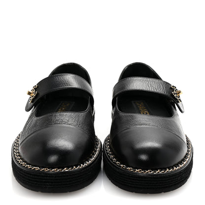 Chanel Crumpled Lambskin Cap Toe Chain CC Turnlock Mary Jane Flats 37 Black 3 of 9