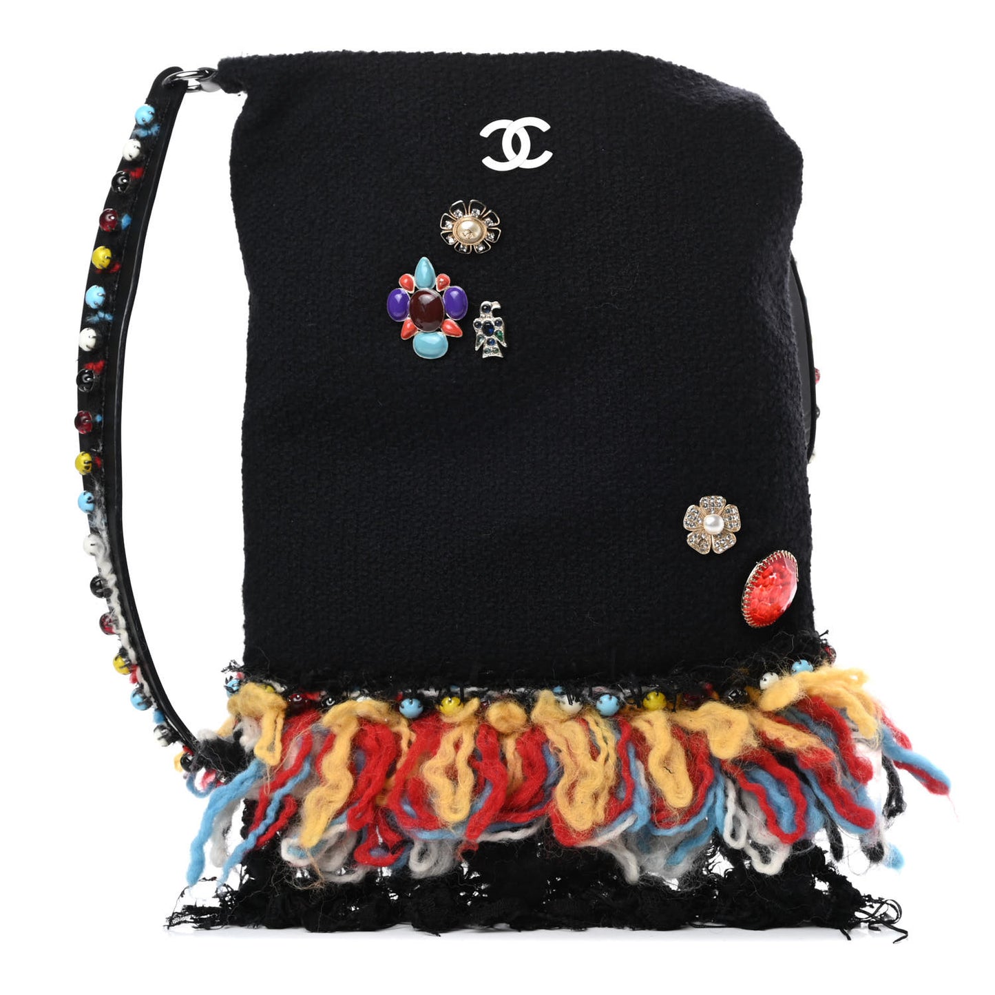 Wool Brooch Embellished Small Fringe Tote Black