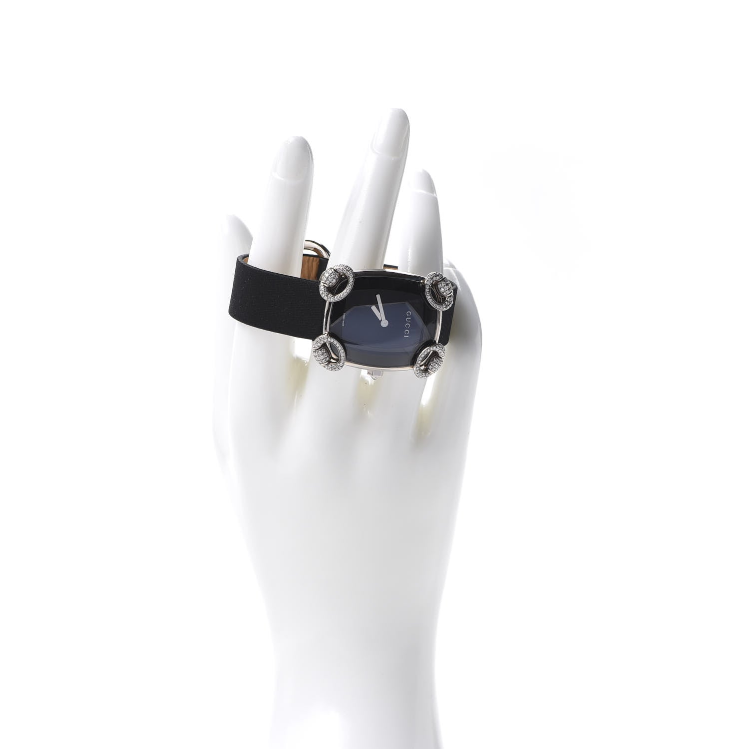 Gucci 18K White Gold Satin Diamond 28mm Horsebit Quartz Watch Black 2 of 5