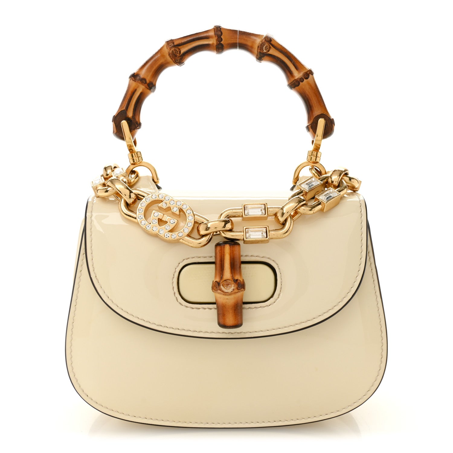 Gucci Patent Crystal Mini Bamboo 1947 Top Handle Chain Bag White 1 of 15