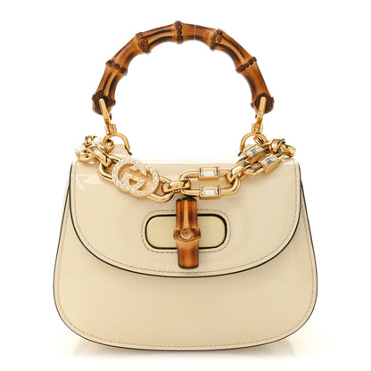 Gucci Patent Crystal Mini Bamboo 1947 Top Handle Chain Bag White 1 of 15