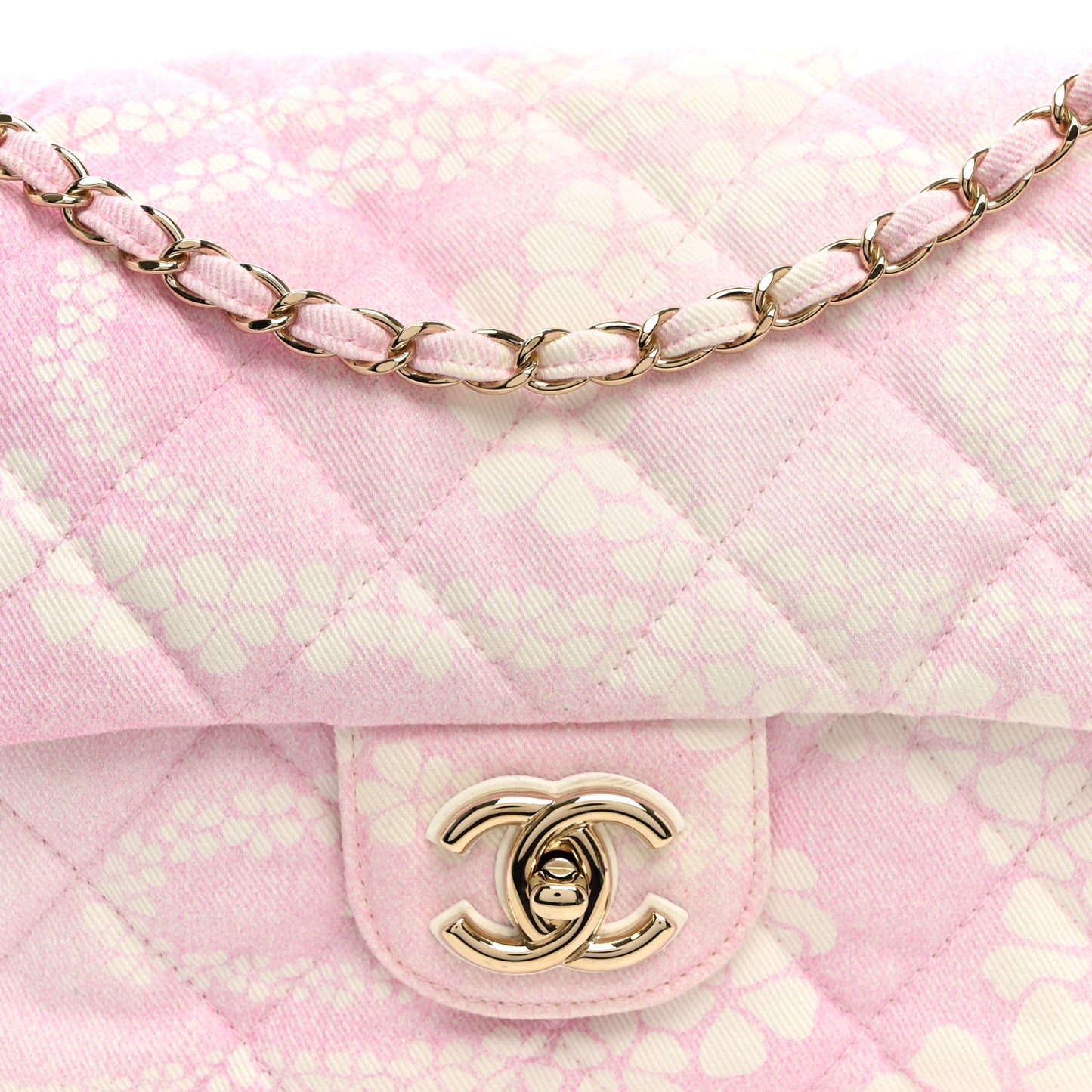 Printed Denim Quilted Maxi Single Flap Bag Pink White